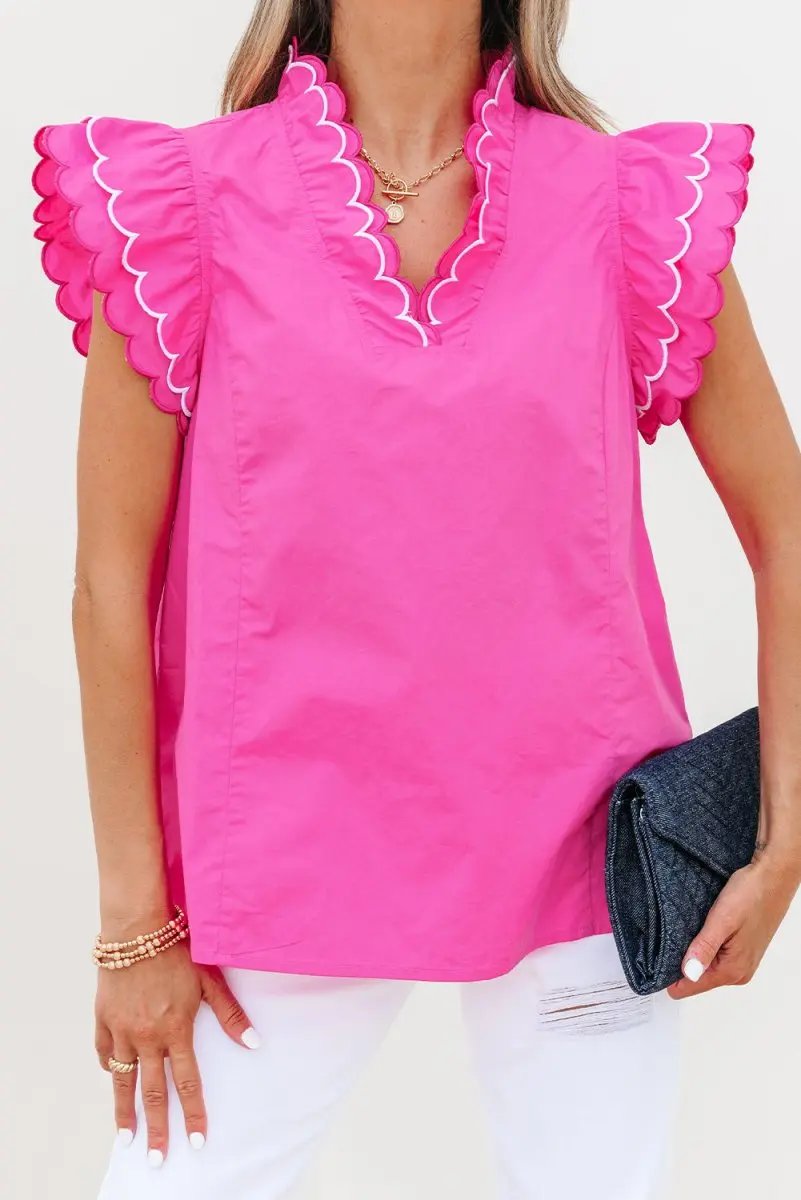 Bright Pink Contrast Scallop Trim Layered V Neck Blouse - Love Salve